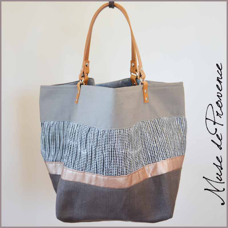 Sac cabas en tissu argenté et cuir UTOPIE Muse de Provence