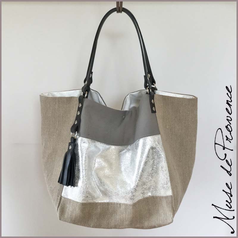 Sac cabas réversible lin argent MAGIE | Muse de Provence
