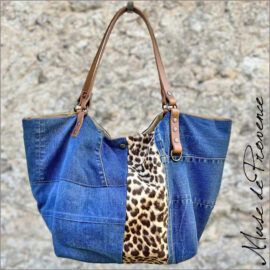 Sac cabas léopard et jean en patchwork- Sac cabas jean et léopard en patchwork - Sacs jean et léopard - Sac cabas réversible en jean et léopard