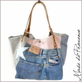 Sac cabas réversible en jean et cuir - Sacs jean unique fait main en France - Sac cabas jean à allure rock et chic ! -