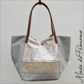 Sac petit cabas chic en toile de coton Sac cabas en patchwork gris et beige Sac petit cabas réversible en modèle unique Sac petit cabas fait main en France Cabas haut de gamme en belles matières