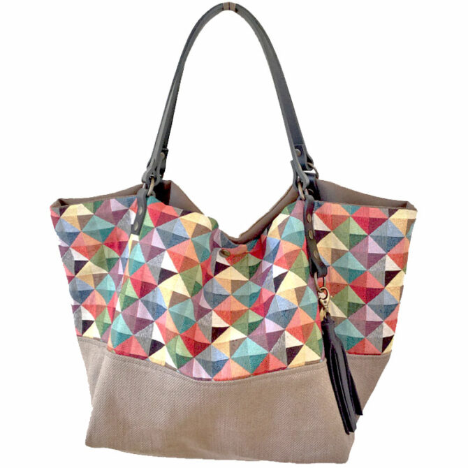 Cabas grand sac à main original en lin et cuir.