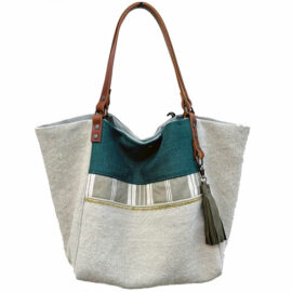 Grand sac cabas en superbe toile de lin aux anses en cuir