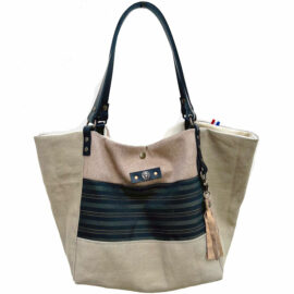 Grand sac cabas en lin naturel et cuir haut de gamme