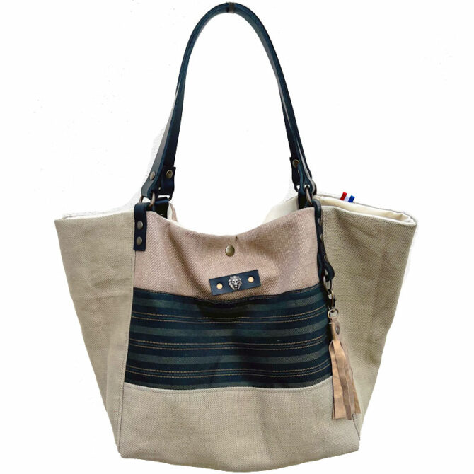 Grand sac cabas en lin naturel et cuir haut de gamme