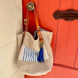 Grand sac à main souple en lin et cuir