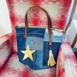 Sac cabas jean avec zip Céleste