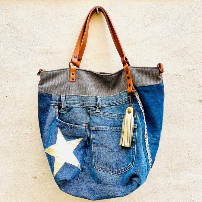 jeans shopping bag, jean patchwork shopping bag, tailor -made bag