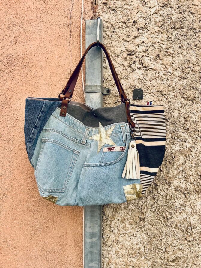 sac cabas réversible en jean - sac jean fait main en pièce unique