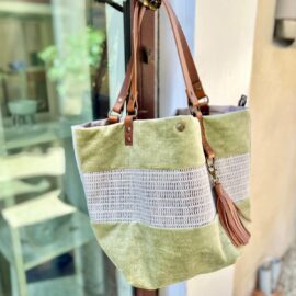Sage linen velvet tote bag