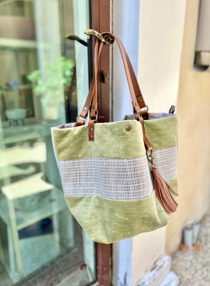 Sage linen velvet tote bag