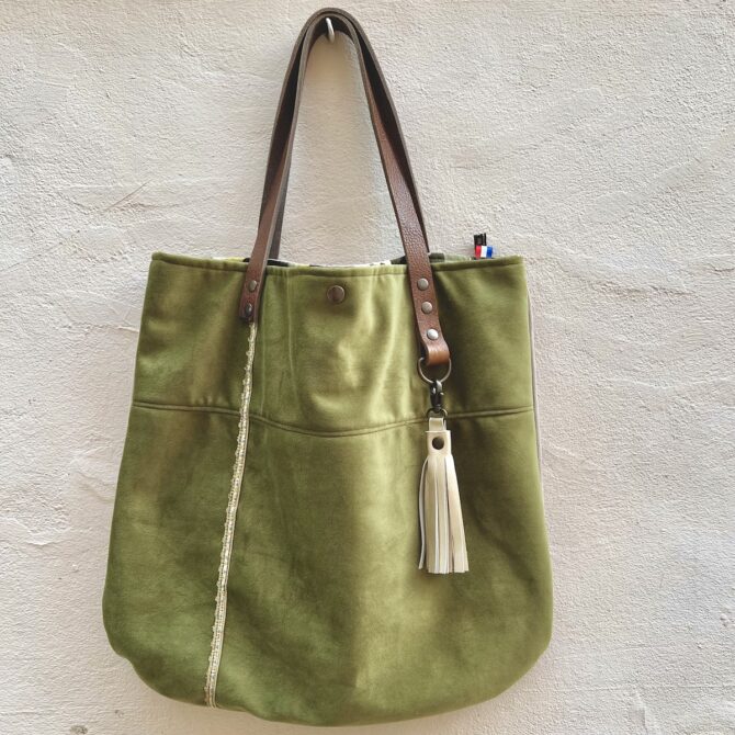 Slim green velvet tote bag